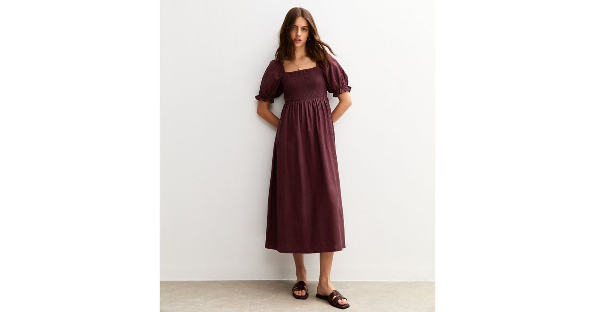 Burgundy Puff Sleeve Milkmaid Midi Dress | New Look | New Look (UK)