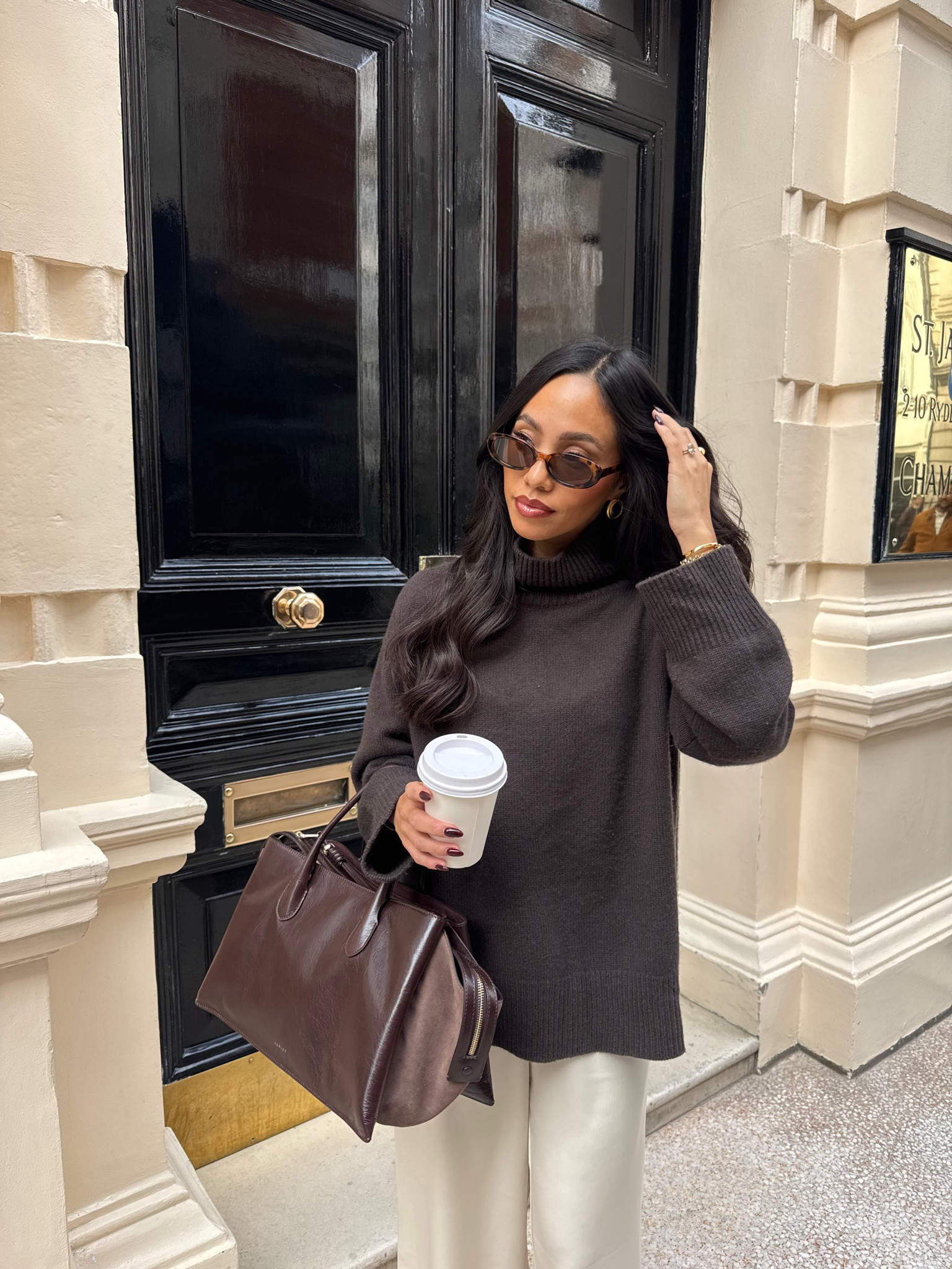 Your most loved autumn outfits 🍂 chocolate brown chunky knit roll neck jumper with satin cream trousers and leather work bag. Autumn city work outfit inspo

#LTKautumn #LTKFashionMonth #LTKstyletip
