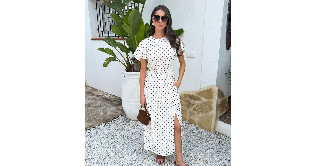 AX Paris Cream Polka Dot Flutter Sleeve Midi Dress | New Look | New Look (UK)
