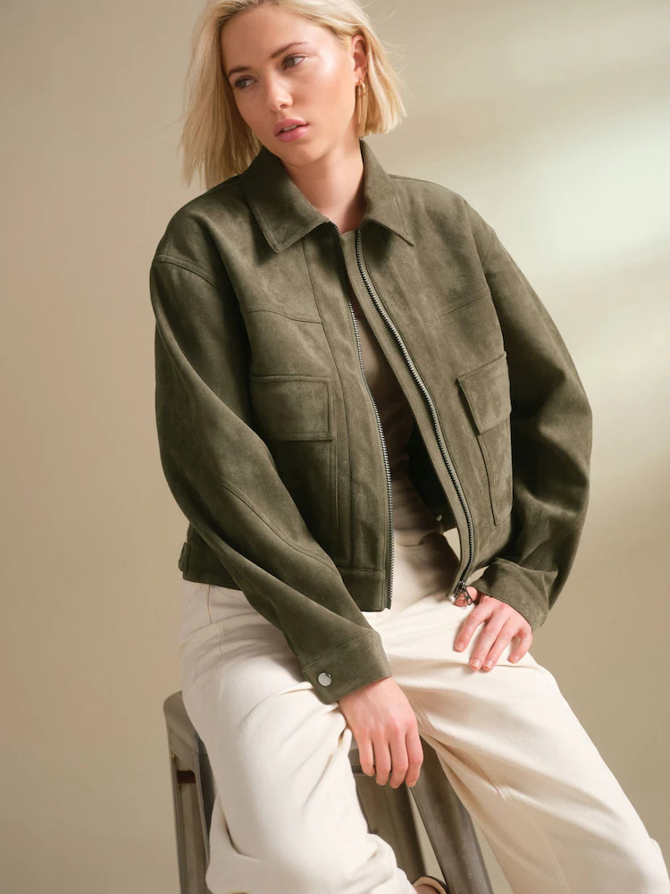 Khaki Green Faux Suede Zip Through Jacket | Next US