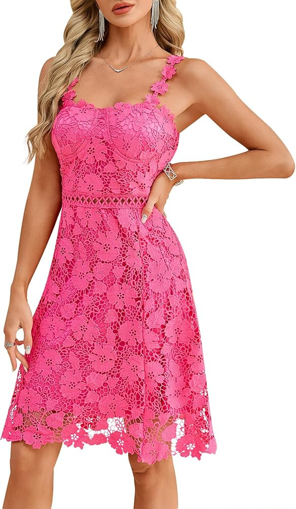 Women\u2019s Lace Midi Dress \u2013 Floral Strap Cocktail Dress for Wedding Guest, Bridal Shower,... | Amazon (US)