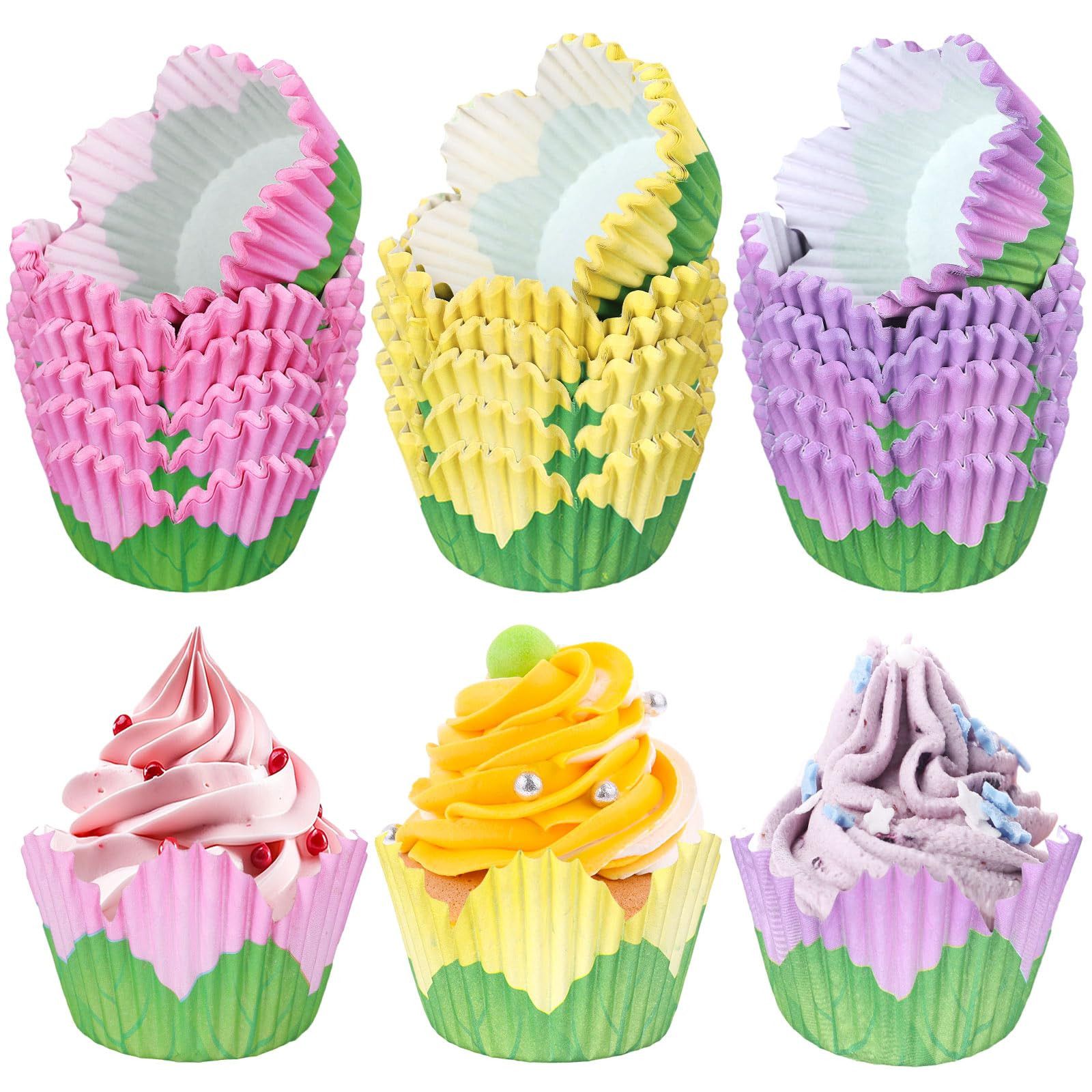 JarThenaAMCS 300Pcs Flower Cupcake Liners Spring Summer Flower Baking Cups Pink Purple Yellow Pet... | Amazon (US)