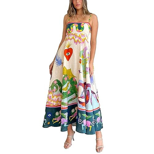 Women Boho Graphic Print Maxi Cami Dress Spaghetti Strap Tropical Long Dress Flowy Graffiti Summer Sun Dress (A1,X-Large) | Amazon (US)