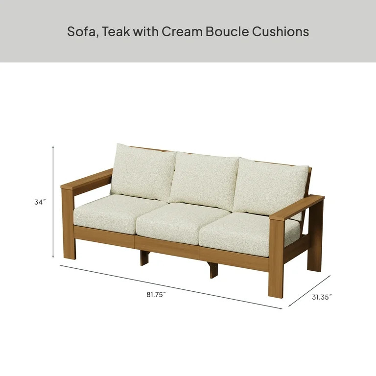 Better Homes & Gardens Ezra Outdoor HDPE Sofa, Teak with Cream Boucle Cushions | Walmart (US)