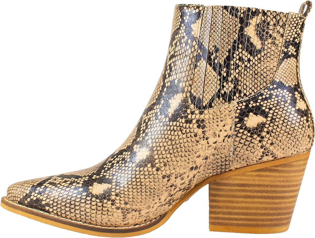 ARiderGirl Women's Bootie Faith Snake Print Stacked Heel Elastic Gore Pull On Tall Ankle Boots | Amazon (US)