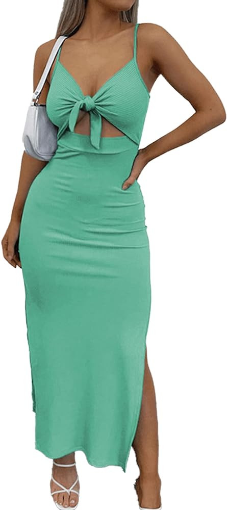 LYANER Women's Tie Knot Cut Out Side Split Hem Sleeveless Knit Bodycon Maxi Dress | Amazon (US)