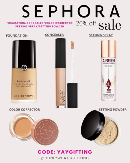 Sephora sale 20% off use code YAYGIFTING  

Foundation by Armani is amazing and not cakey. 

Laura Mercier setting powder is wonderful 

Color corrector by Smashbox is great I use medium 

Nars concealer in macadamia nut. 

Charlotte tilbury setting spray  