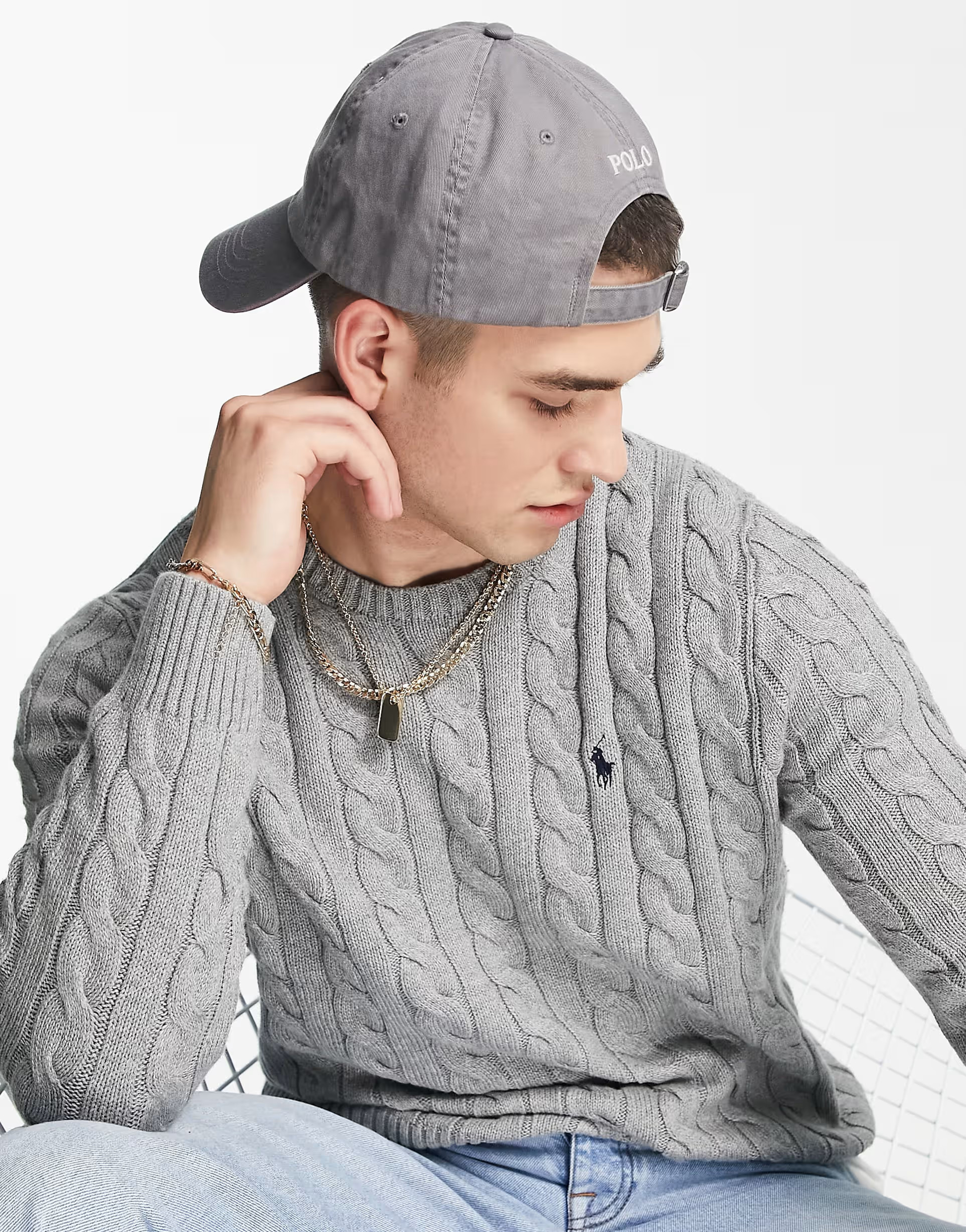 Polo Ralph Lauren icon logo cotton cable knit jumper in grey marl | ASOS | ASOS (Global)