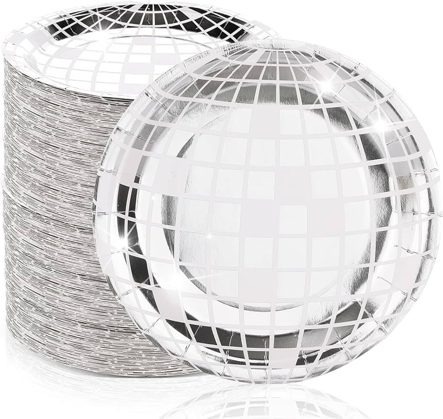 Funtery Silver Disco Ball Paper Dinner Plates Disco Paper Plates Disco Plates 70s Disco Party Sup... | Amazon (US)