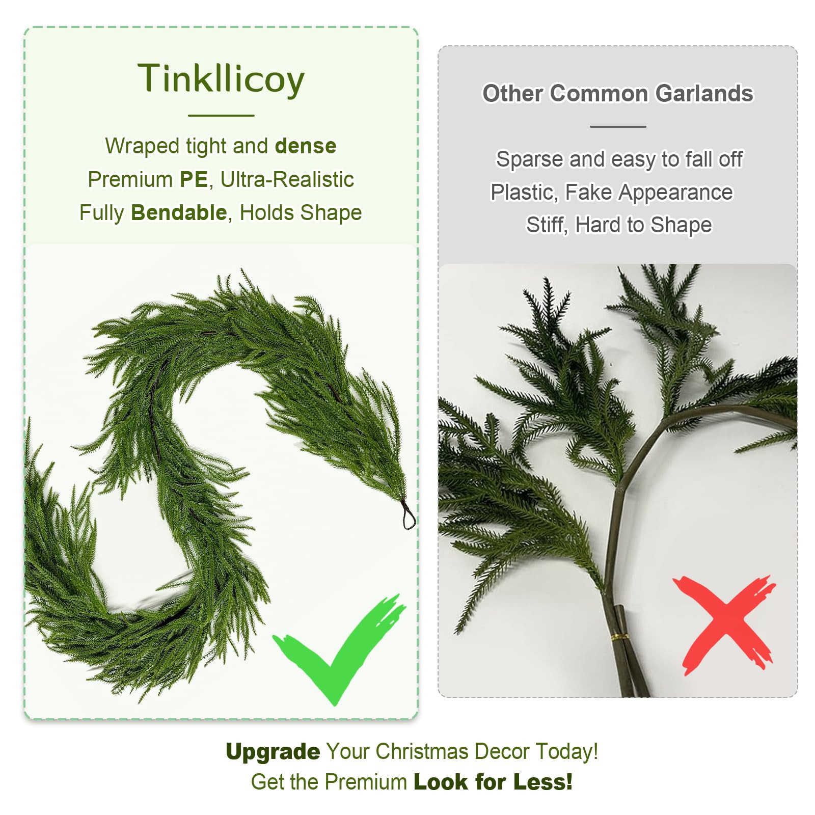 2PCS 6FT Christmas Norfolk Pine Garland, Real Touch Artificial Greenery Garland for Table, Mantle... | Amazon (US)