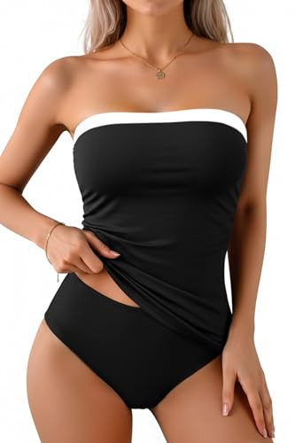 Aqua Eve Bandeau Swimsuits for Women Two Piece Bathing Suits Ruched Tummy Control Tankini Sets Strapless Swimwear Black and White Block Small | Amazon (US)