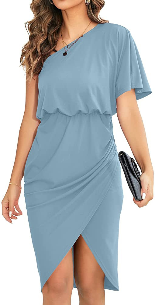 OWIN Women's Summer One Shoulder Short Sleeves Dress Casual Ruched Split Wrap Cocktail Party Midi... | Amazon (US)