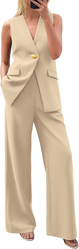 KIRUNDO Pant Suits for Women Dressy 2 Piece Sets Sleeveless Blazer Vest Wide Leg Matching Pantsui... | Amazon (US)