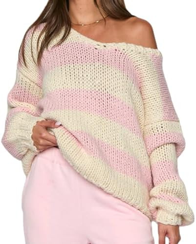 Women Striped Knit Sweaters 2026 Oversized Fall Winter Drop Shoulder Color Block Long Sleeve Loos... | Amazon (US)