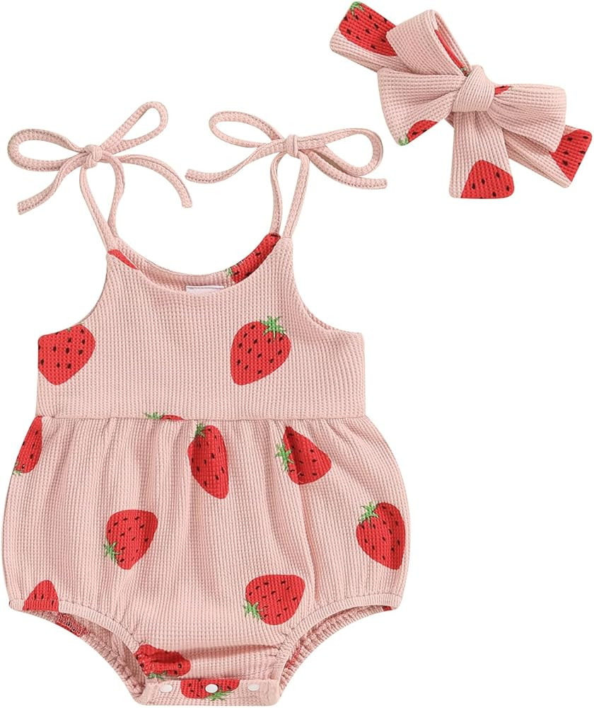 Kupretty Newborn Baby Girl Summer Clothes Waffle Knit Sleeveless Strap Daisy Romper Bodysuit Jump... | Amazon (US)