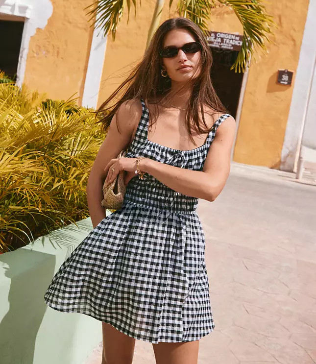 Gingham Smocked Mini Pocket Dress | LOFT