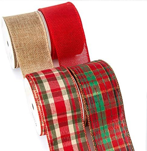 Ribbli 4 Rolls Christmas Wired Ribbon,Natural and Red Burlap Christmas Plaid Wired Ribbon,2 Inch ... | Amazon (US)