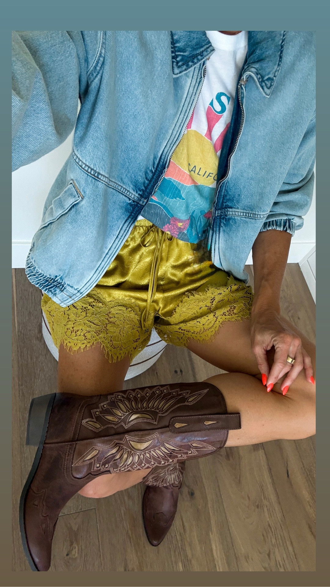 These NEW boots that just dropped are so good! Only $78, but they look like they should cost hundreds.
They fit tts, unless you want a little more room. I have bigger calves and went up 1/2 size.
T shirt fits oversized, wearing a med 
Denim jacket fits oversized, wearing a small
Satin shorts are selling fast. Linked similar

#LTKmomlife #LTKOver40 #LTKgrwm