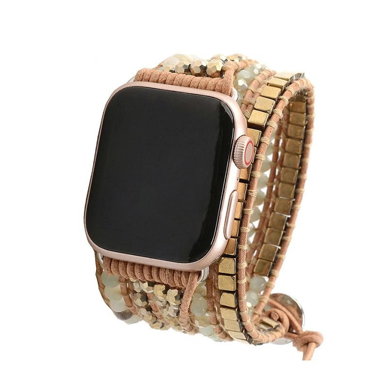 Gold Tila Beads with Crystals on Natural Apple Watch Strap | Victoria Emerson