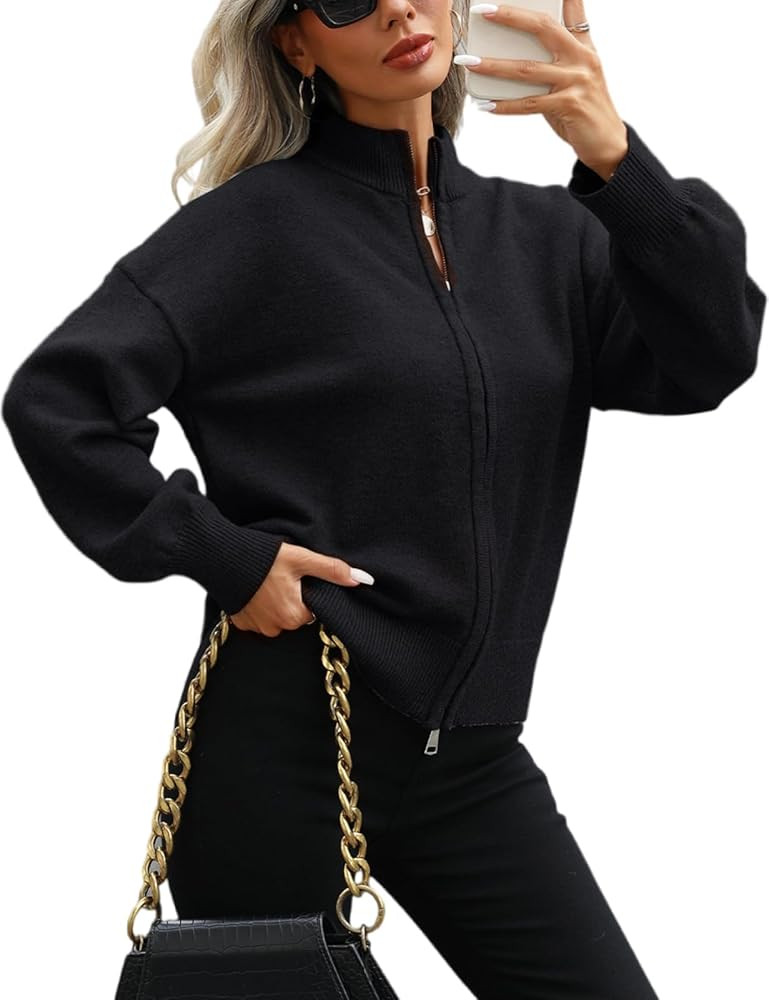 VIMPUNEC Fall Casual Cardigan Sweaters for Women Zip Up Mock Neck Coats Long Sleeve Knit Jackets | Amazon (US)
