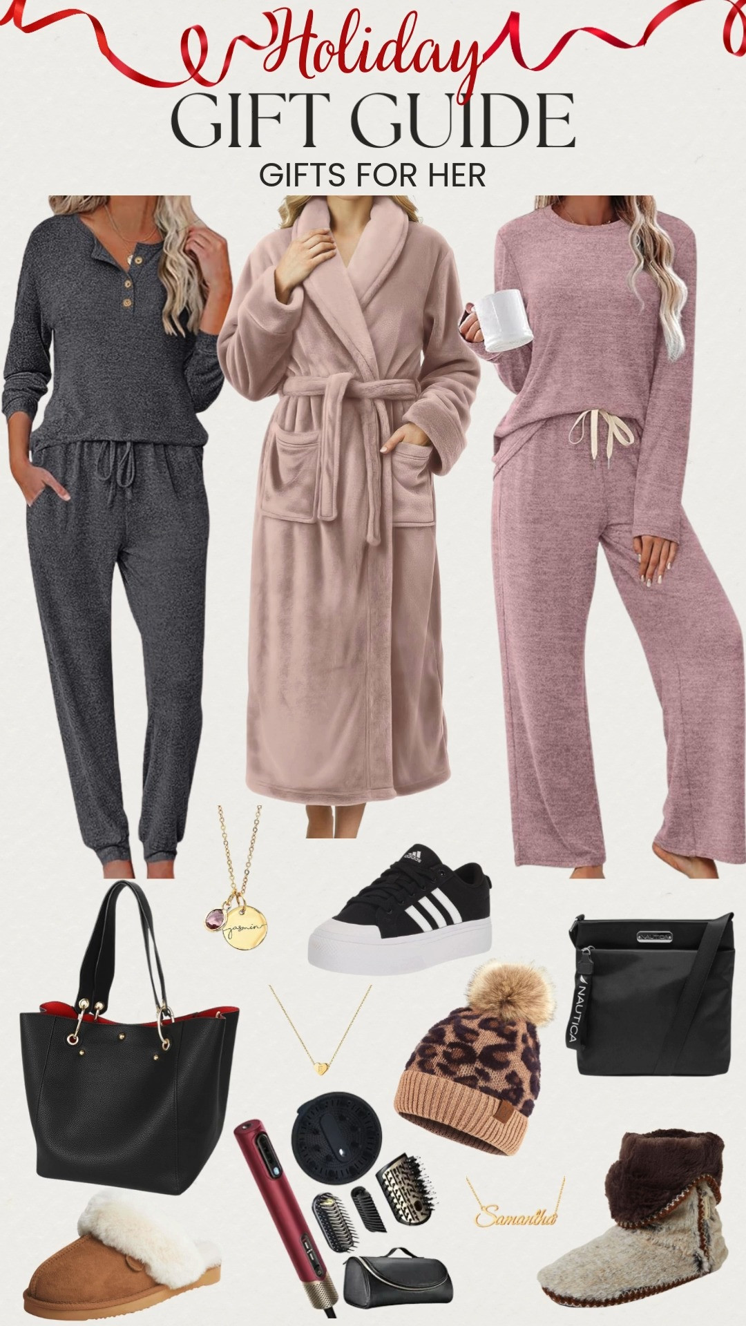 Cozy holiday gift ideas for her 🎁✨ Think comfy pajamas, a lounge set, robe + slippers for cozy nights in. Paired with stylish picks like a crossbody bag, personalized necklaces, pom beanie hat, adidas sneakers, and a curling iron for glam. Perfect for gifting or treating yourself this season ❤️🛍️ 

 #LTKGiftGuide