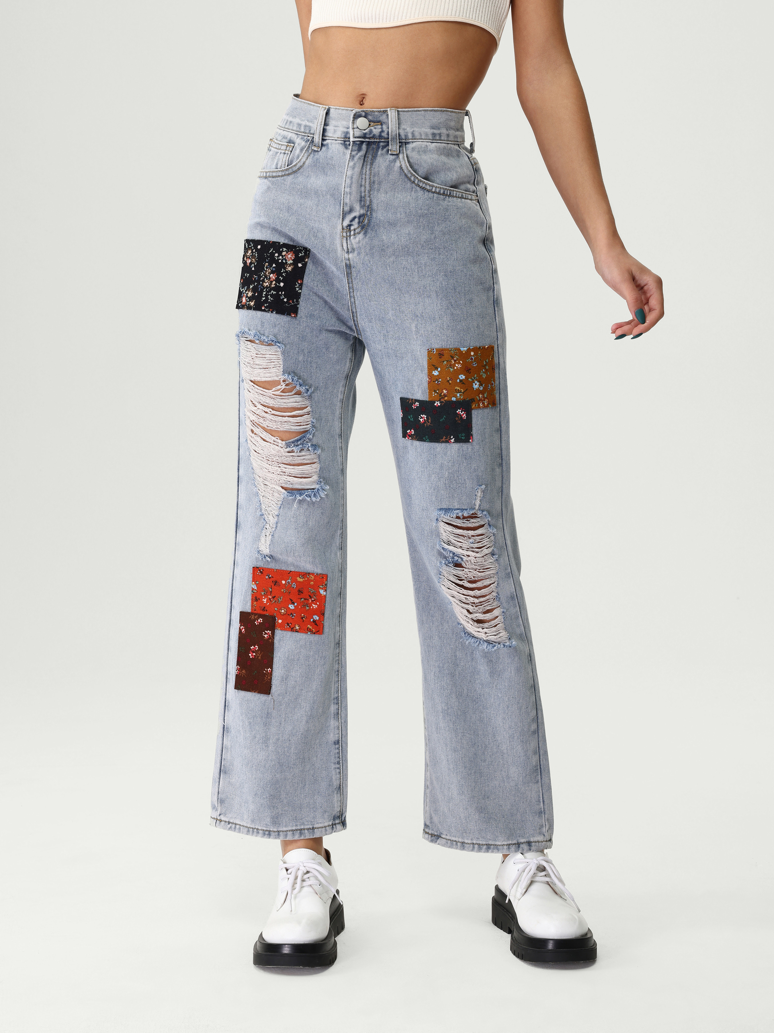 Cowboy Western Outfits Straight Leg Jeans Denim Cute Patchy Denim Jeans | Cider
