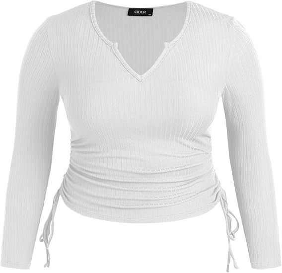 CIDER Women’s Plus Size Long Sleeve Shirts V Neck Drawstring Side Cute Fitted Tops Basic Tee | Amazon (US)