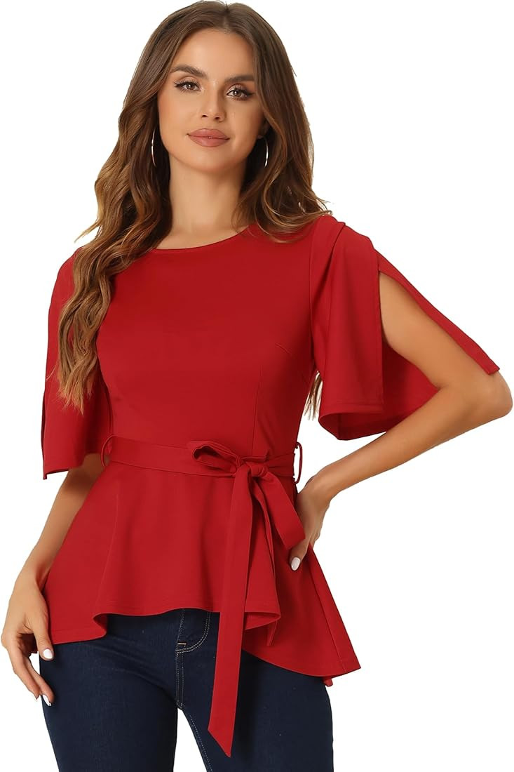 Allegra K Elegant Peplum Top for Women's Split Half Short Sleeve Valentine's Day Self Tie Waist W... | Amazon (US)