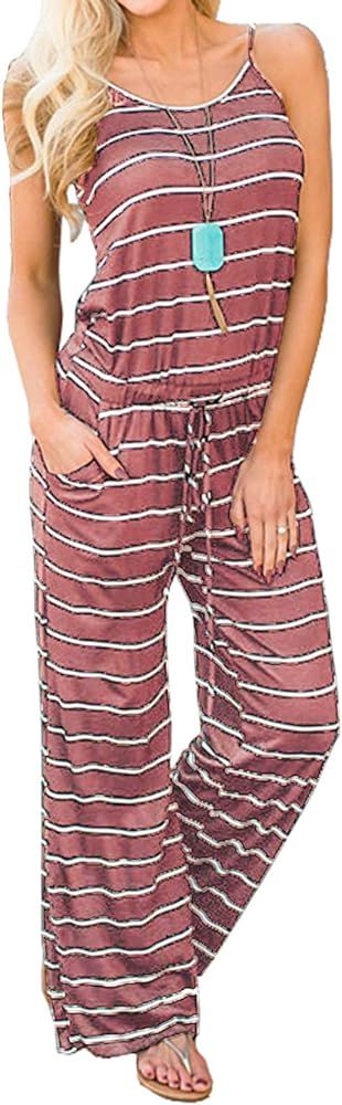 Artfish Women Casual Sleeveless Spaghetti Strap Striped Lounge Pajama Jumpsuit | Amazon (US)