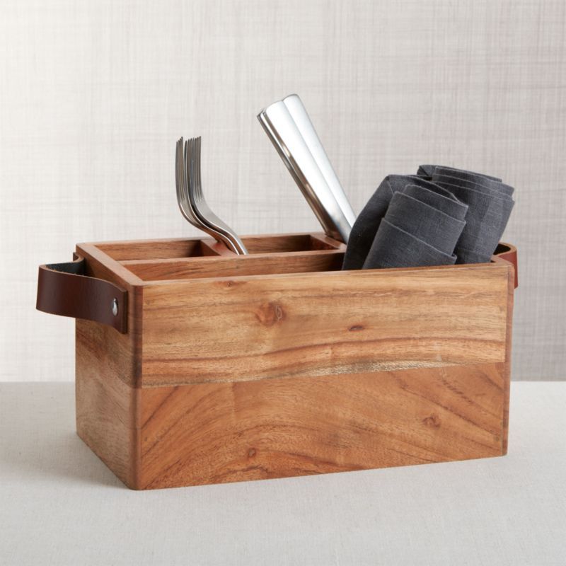Carson Flatware Caddy with Leather Handles + Reviews | Crate & Barrel | Crate & Barrel
