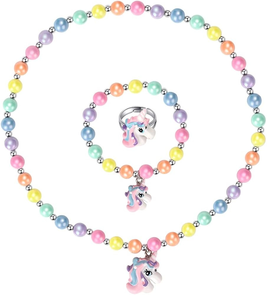 Unicorn Stretch Necklace Little Girl Toddler Necklace Bracelet Set, Little Princess Jewelry Acces... | Amazon (US)
