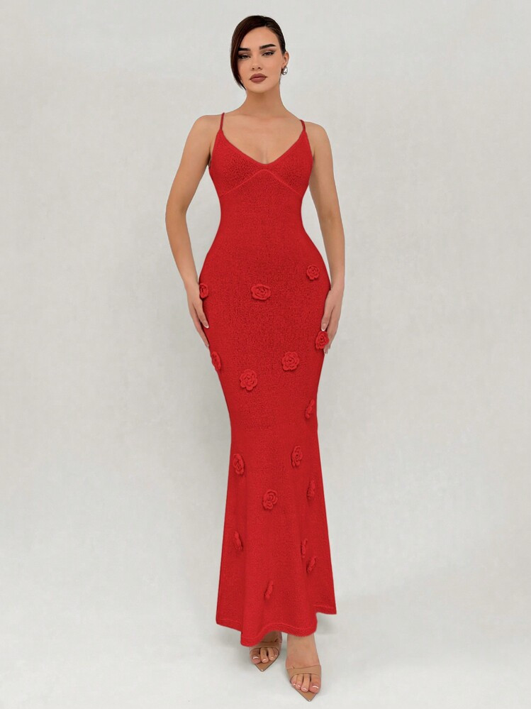 Aloruh Elegant Backless Holiday Knit Mermaid Dress With Floral Embellishment | SHEIN