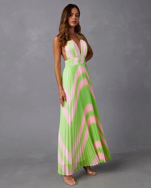 Niamara Plisse Maxi Dress - Green/Pink | VICI