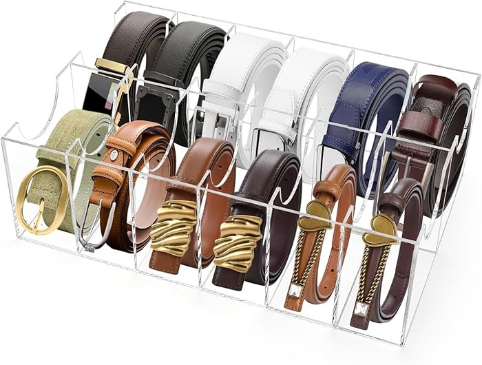 ZENFUN 12 Compartments Belts Storage Box, Acrylic Belt Organizer, Belt Container Storage Holder C... | Amazon (US)