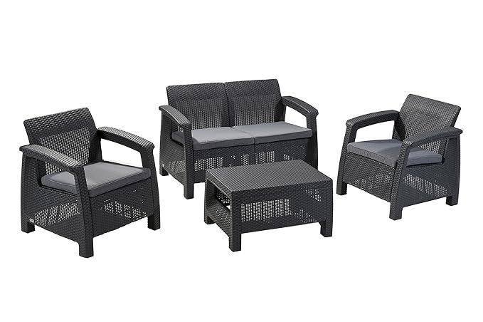 Keter Corfu 4 Piece Set All Weather Outdoor Patio Garden Furniture w/ Cushions, Charcoal | Amazon (US)