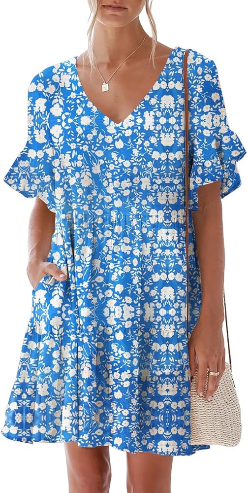 nclook Women's Summer Casual Dress Sweet & Cute V-Neck Mini Dress with Pocket Short Sleevele Ruff... | Amazon (US)