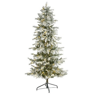 6.5ft. Slim Flocked Spruce Artificial Christmas Tree with 300 Warm White LED Lights and 699 Branches – Elegant Slim X-Mas Tree | Target