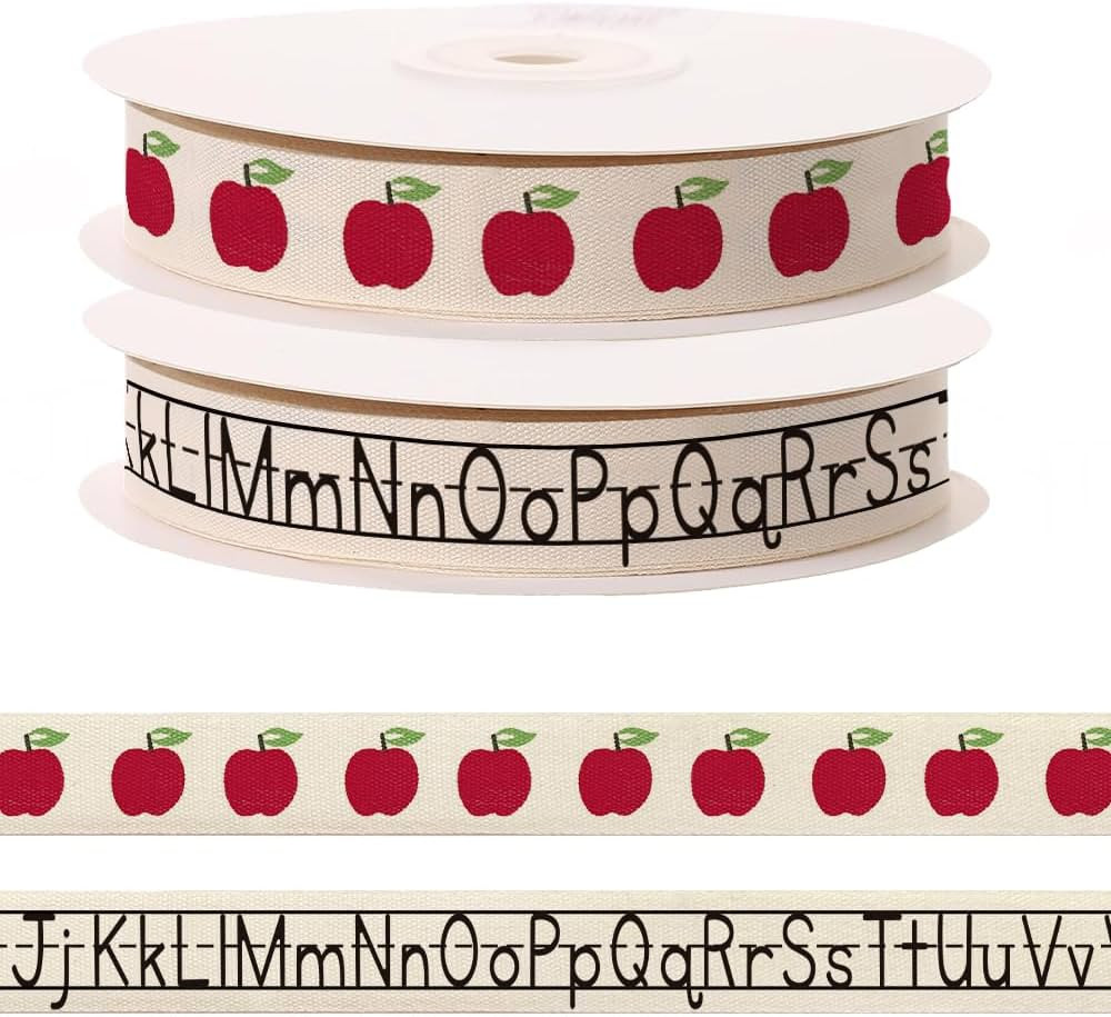 2 Pcs × 5 Yards Alphabet Letters Apples Ribbon for Crafting Sewing, 3/5 Inch Herringbone Natural... | Amazon (US)