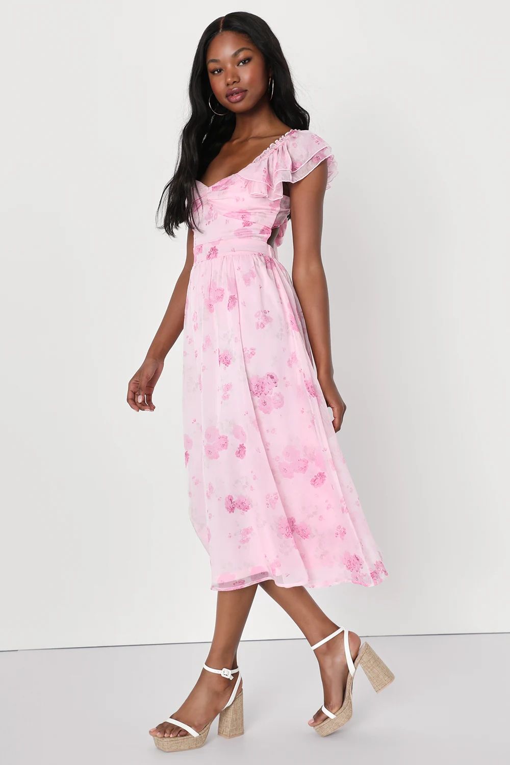 Loveliest Darling Light Pink Floral Ruffled Tie-Back Midi Dress | Lulus (US)