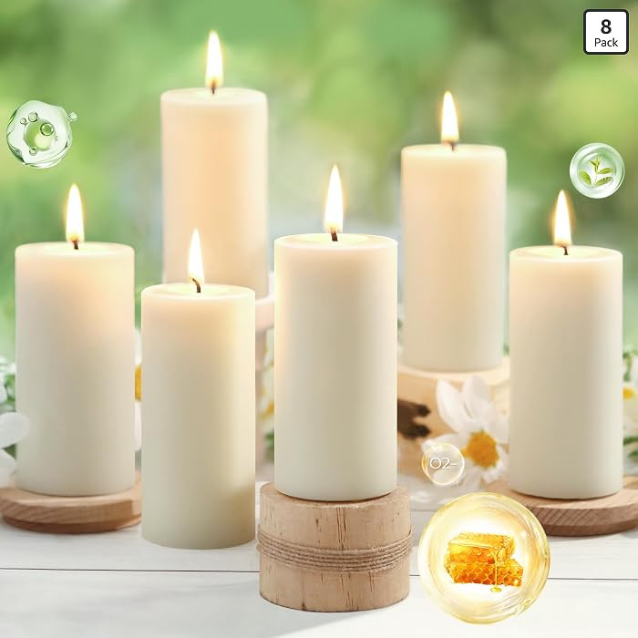 8 paquetes de velas de pilar de cera de abejas naturales, 100% puras, 344 horas de combusti\u00f3... | Amazon (US)