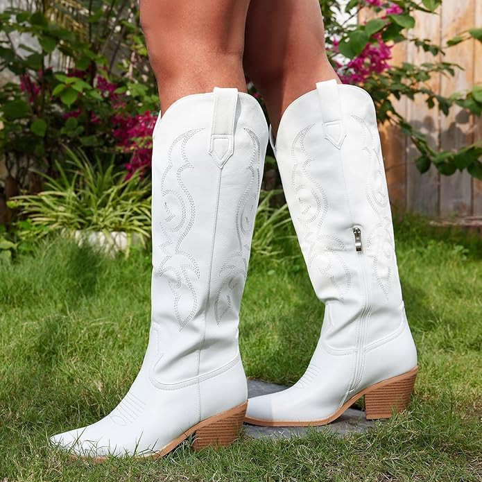 White Cowboy Boots for Women - Wide Calf Rhinestone Cowgirl Boots, Women Knee High Western Boots,... | Amazon (US)