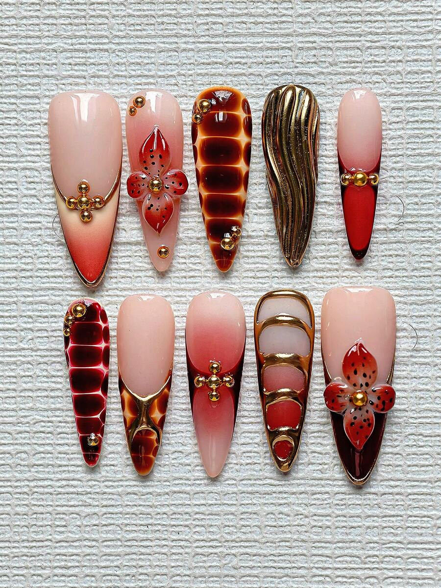Relic Press On Nails Almond Long 10Pcs - Amber Red Gradient Antique Gold French With 3D Floral Wa... | SHEIN