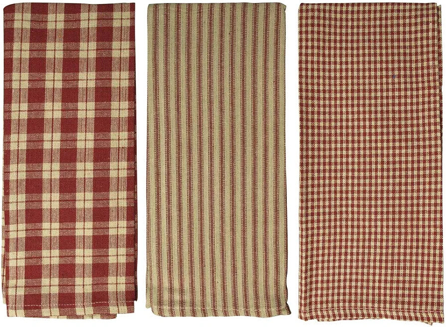 fillURbasket Burgundy Farmhouse Kitchen Towels Set of 3 Striped Buffalo Checked Plaid Dish Towels... | Amazon (US)