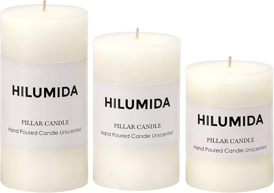 White Pillar Candles Set of 3 - Hand-Poured Unscented Candles, Smokeless Decorative Candles for H... | Amazon (US)