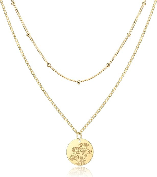 Birth Flower Necklace,14K Gold Plated Layered Necklaces for Women, Birth Month Flower Coin Pendan... | Amazon (US)