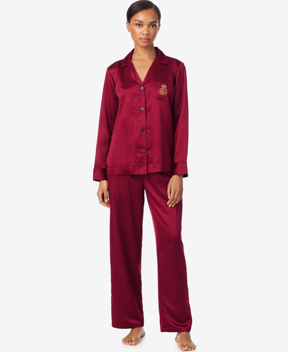 Lauren Ralph Lauren Women's Petite Long Sleeve Notch Collar Pajama Set - Red | Macy's