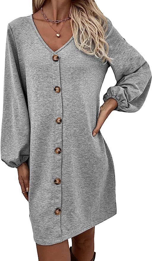 SweatyRocks Women's Lantern Sleeve V Neck Button Front Loose Casual Mini Dress | Amazon (US)