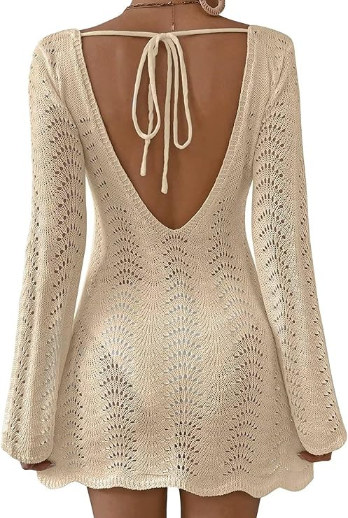 Womens Swimsuit Cover Up Long Sleeve Crochet Bathing Suit Mesh Backless Cover Ups Summer Beach Va... | Amazon (US)