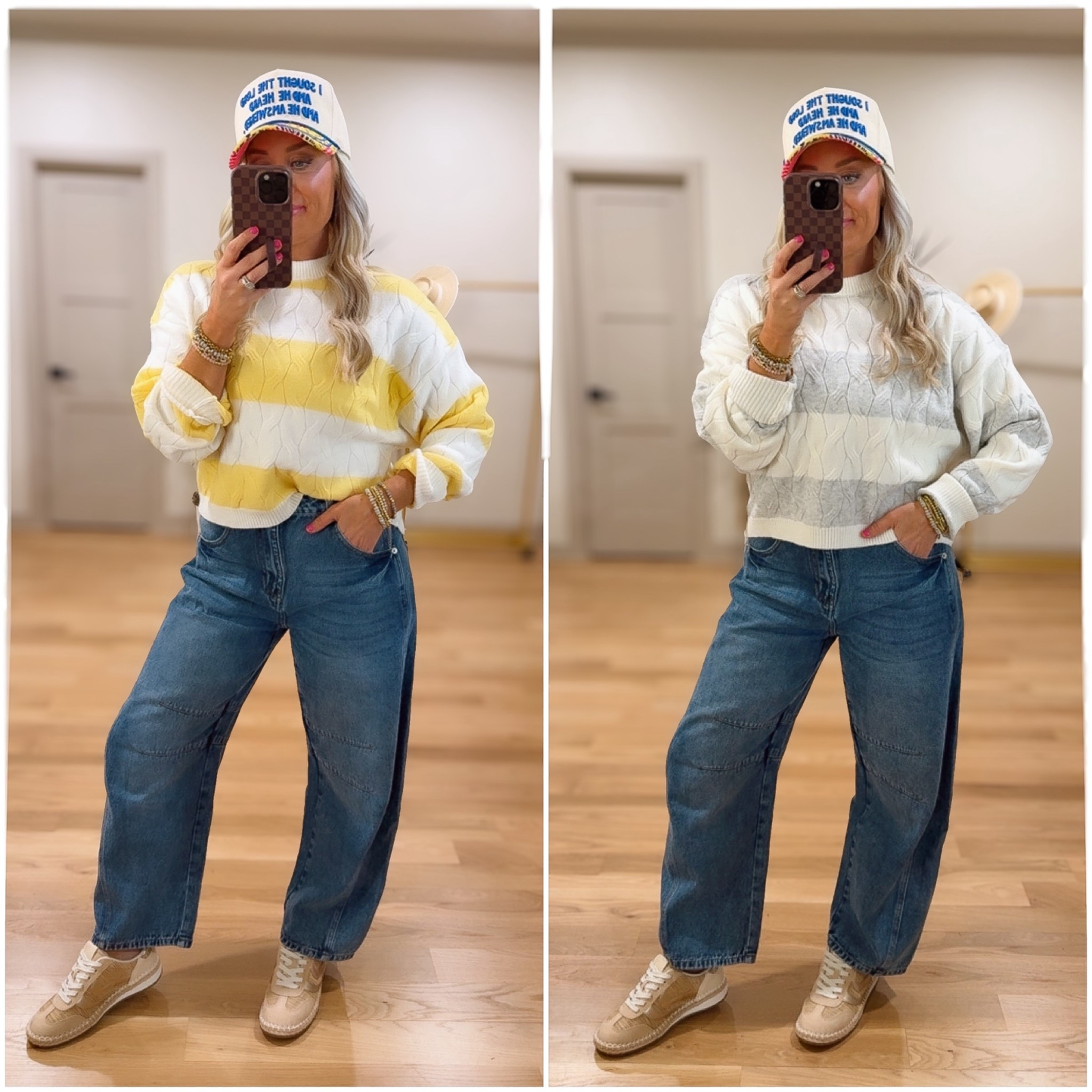 The softest striped sweater for spring in these new colors! Yellow/ small, grey/medium 
Amazon barrel jeans - size 6