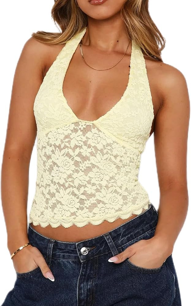 Women Y2K Lace Tank Top Spaghetti Strap See Through Camisole Backless Slim Fit Crop Camis Sexy Go... | Amazon (US)